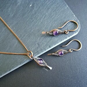 Amethyst earrings and pendant set, copper necklace, february birthstone, elegant jewelry gift for women, purple bundle, lightweight earrings image 6