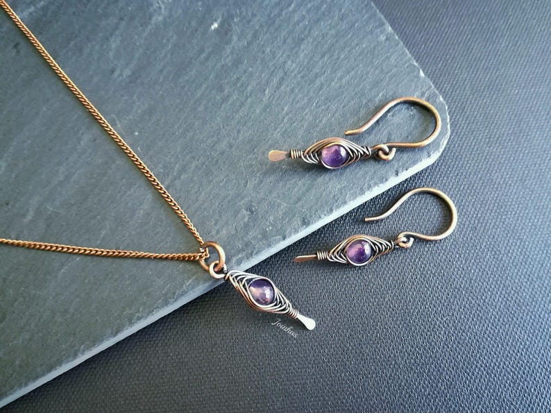 Amethyst earrings and pendant set, copper necklace, february birthstone, elegant jewelry gift for women, purple bundle, lightweight earrings image 6