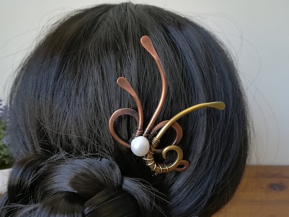 Brass Metal Hair Fork with Pearl Accent Abstract Pearl and Brass Hair Fork - Raleigh Vintage main image 2
