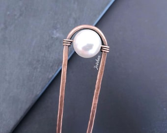 Horquilla de perla para el cabello, horquilla de cobre o latón, soporte para moño, accesorios minimalistas para el cabello, regalo perfecto para cabello largo, horquilla de tamaño personalizado