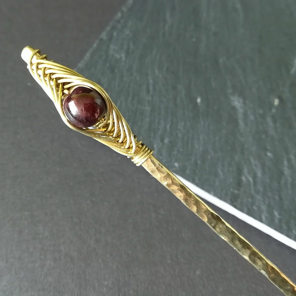 Garnet hair stick, solid brass or copper hair pin, personalized hair accessories, hammered hair jewelry, perfect gift for girlfriend