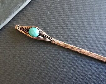 Turquoise hair stick, brass or copper hair pin, hair accessories, hammered jewelry for long hair, perfect gift for girlfriend, bun holder
