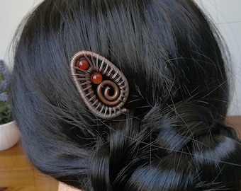 Épingle à cheveux cornaline, fourchette à cheveux en cuivre, accessoires pour cheveux, bâton de cheveux emballé, cadeau parfait pour les femmes aux cheveux longs, porte-chignon rustique des bois