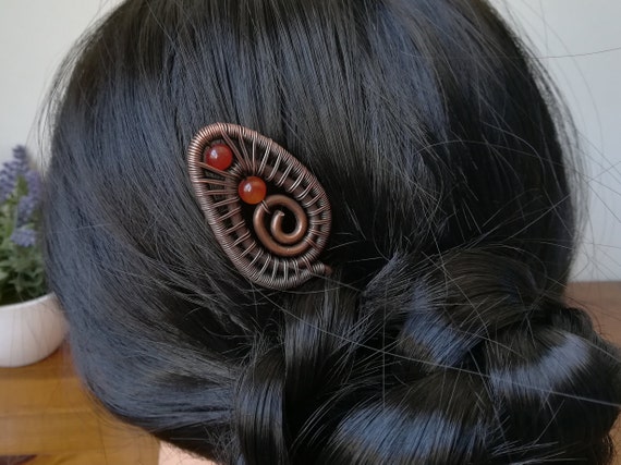 Vintage | Hairstick | Vintage Hairstick with Carnelian Stone Carnelian & Sterling Silver Hair Sticks With Vintage Jet  main image 3