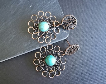 Copper and turquoise earrings, 2" mandala dangle earrings, circle post wire wrapped drops, rustic, elegant jewelry gift for women,