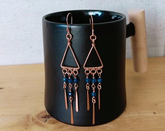 Blue Agate Fringe Chandelier Earrings in Copper or Brass, Elegant Jewelry Gift for Her