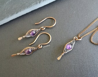 Amethyst earrings and pendant set, copper necklace, february birthstone, elegant jewelry gift for women, purple bundle, lightweight earrings