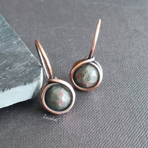 Bloodstone earrings, 0.8&quot; minimalist drop earrings, personalized copper brass or silver earrings, casual, elegant jewelry gift for women