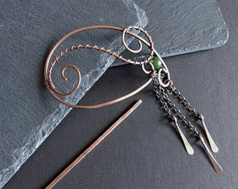 Kupfer und Jade Haarknotenhalter, mittel Haarspange, elegante Haarverzierung, Haarschmuck, perfektes Geschenk für lange Haare, einzigartiger Haarschmuck