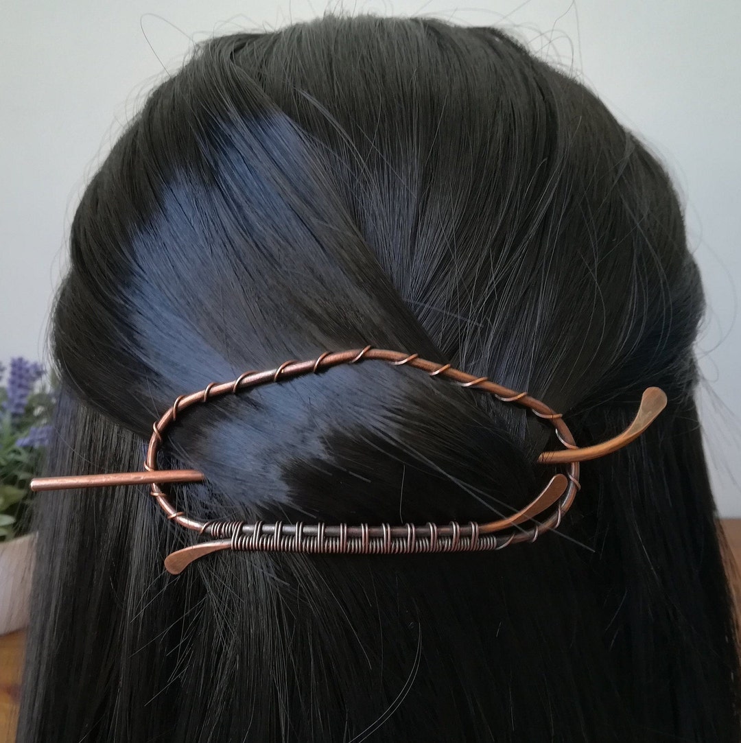 Mid Century Brass Hair Slide Barrette with Stick Bun Holder Large Hair Slide, Copper or Brass Bun Holder, Barrette for  main image 3