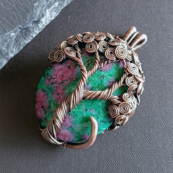 Spiral tree of life, 2.3" copper and rubi zoisite necklace, yggdrasil pendant, unique jewelry gift for nature lovers, family tree amulet