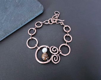 Unique Copper Link Bracelet with Tigers Eye and Pearl, Handmade Gift for Her
