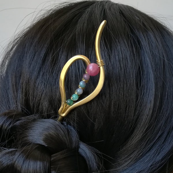 Gold and pink hair stick, brass hair pin, unique hair accessory, handmade hair jewelry, perfect gift for girlfriend, elegant bun holder
