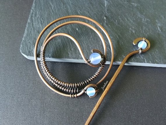 Opalite hair slide, copper or brass bun holder, hair barrette, hair accessory, gift for long hair, hair jewelry, hair comb, metal hair clip