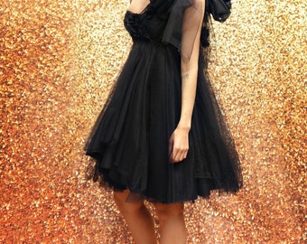 Gothic Witch Tulle Dress – Asymmetrical Ruffle Gown – Made to Measure
