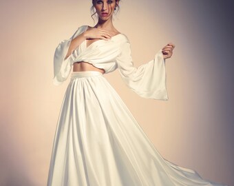Long sleeves wedding top and wide skirt with long belt around the waist, long skirt, silk long wedding skirt, short wedding top, wedding top