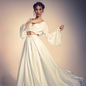 Long Sleeve Wedding Separates: Silk Skirt and Top with Belt