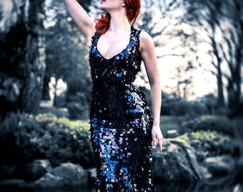Black Sequin Evening Gown: Custom Made Open Back Formal Dress