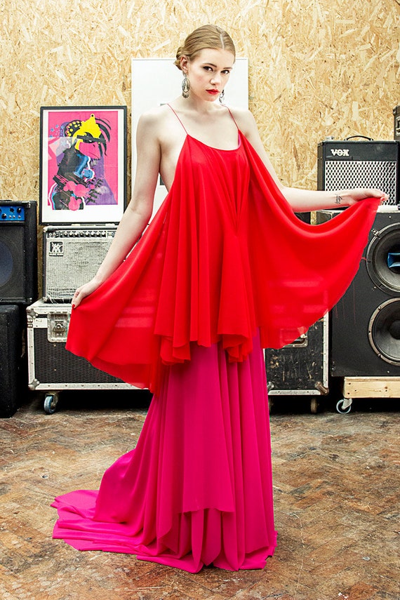 Red and Pink Chiffon Evening Dress: Backless Flowy Gown - Etsy Israel