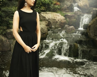 Black Crepe Satin Maxi Dress: Sleeveless Evening Gown, Open Side