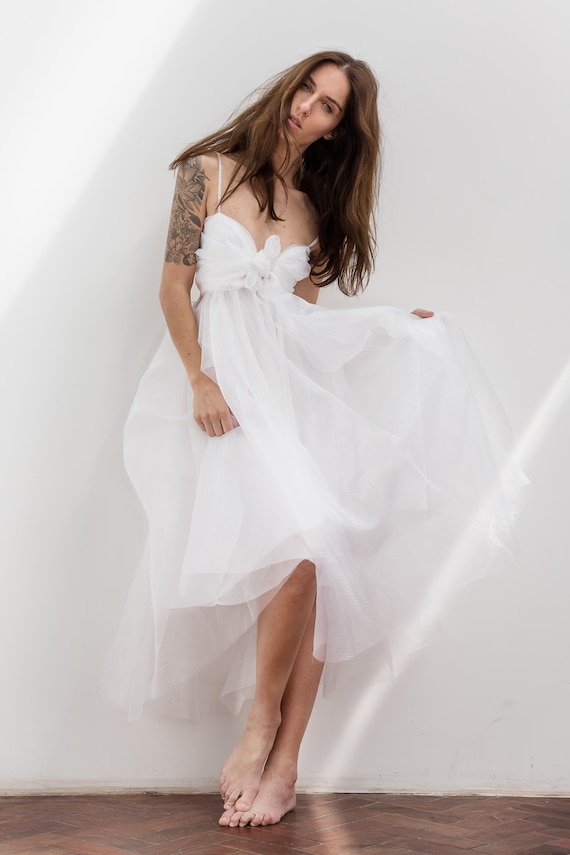 open lace back dress MissJophiel Strapless Corset Embroidery Organza Midi Dress Ivory Floral / Tea Length / US14 main image 0