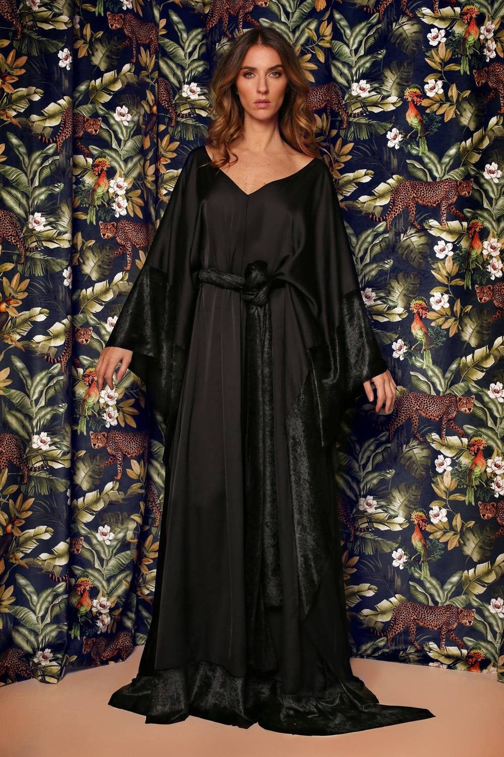 Kimono Dress With Velvet Edges, Kimono Dress, Kimono Evening Dress