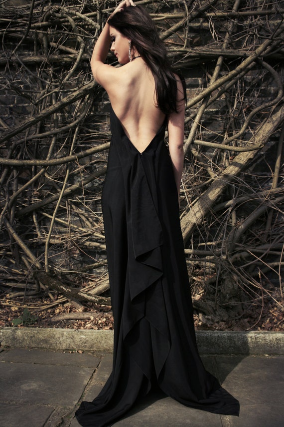 Open Back Black Crepe Satin Evening Gown: Minimalist Cocktail Dress