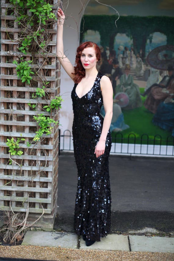 Black Sequin Evening Gown: Custom Made Open Back Formal Dress