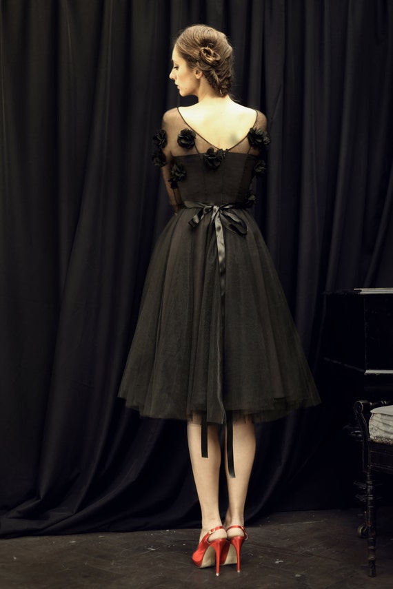 Black Net Dress, Black Tutu Dress, Black Net Dress With Flowers, Black Dress,  Black Evening Dress, Net Dress With Sleeves, Black Flowers -  Canada