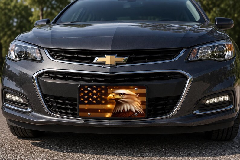 May include: A dark gray Chevrolet sedan featuring a front license plate with a graphic of a bald eagle head set against a stylized American flag background with golden stars and horizontal stripes, mounted on the front bumper grille.