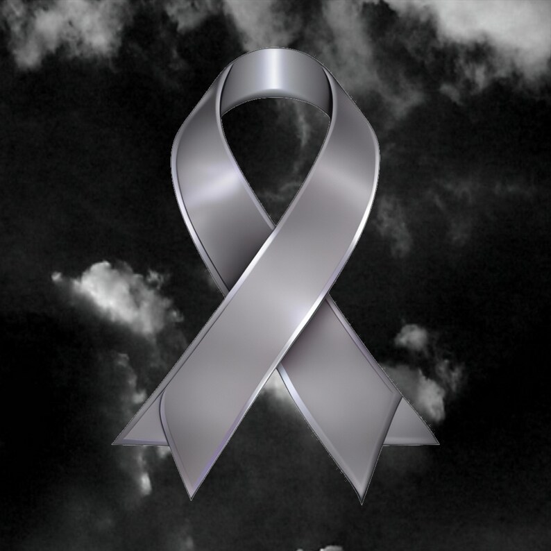 May include: A metallic silver awareness ribbon against a dark, cloudy background. The ribbon is rendered with a glossy finish, creating highlights and shadows. The ribbon's shape is a classic loop, symbolizing support and solidarity.