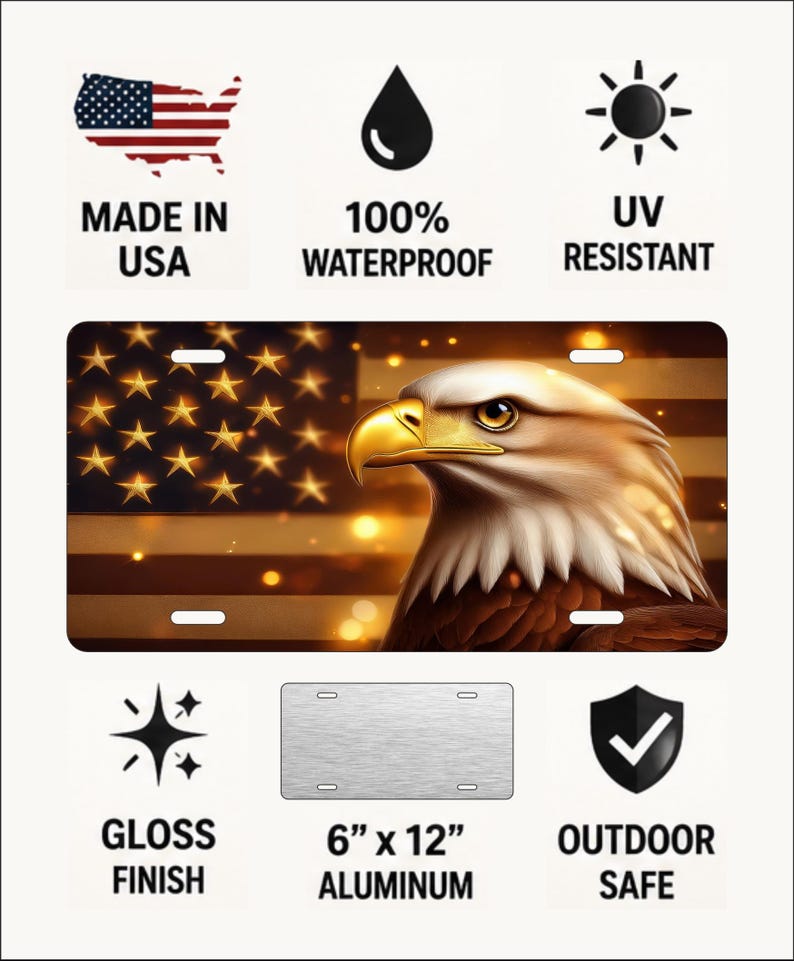 Golden Eagle Aluminum License Plate – 6x12 Patriotic Car & Truck Tag image 2