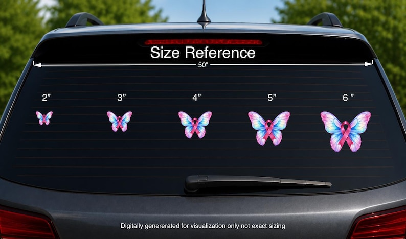 May include: Five butterfly decals with pink awareness ribbons on a car window. The butterflies are blue, pink, and purple, labeled with sizes 2, 3, 4, 5, and 6 inches. The text Size Reference is displayed above a 50-inch measurement indicator.
