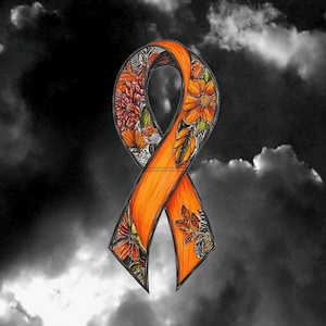 May include: An orange awareness ribbon graphic featuring intricate black and white line art illustrations of various flowers and leaves integrated into the design. The ribbon has a solid orange center section and detailed floral patterns on the edges.