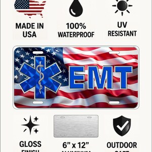 Personalized EMS Aluminum License Plate, EMT Paramedic Front Vanity Tag, 6x12 UV Coated Custom Plate, First Responder Gift image 2