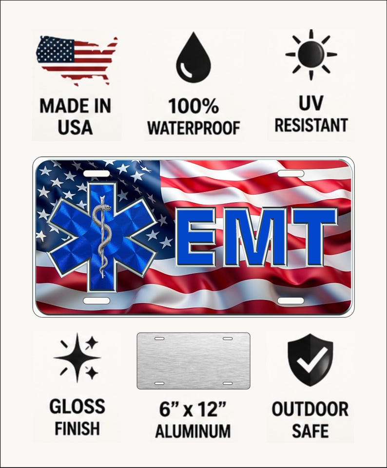 Personalized EMS Aluminum License Plate, EMT Paramedic Front Vanity Tag, 6x12 UV Coated Custom Plate, First Responder Gift image 2