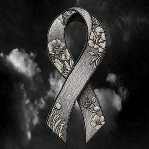 May include: A gray awareness ribbon patch featuring intricate embroidered floral details. The ribbon has a textured surface with stitched flowers and leaves along the edges, finished with a dark border against a dark, cloudy sky background.