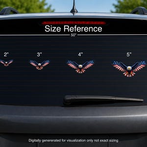 May include: Four eagle decals with American flag wing patterns displayed on a car rear window. The decals are labeled with sizes 2 inches, 3 inches, 4 inches, and 5 inches. A 50-inch size reference line is shown above the decals for scale.