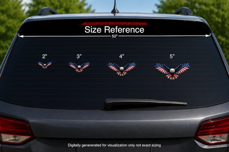 May include: Four eagle decals with American flag wing patterns displayed on a car rear window. The decals are labeled with sizes 2 inches, 3 inches, 4 inches, and 5 inches. A 50-inch size reference line is shown above the decals for scale.
