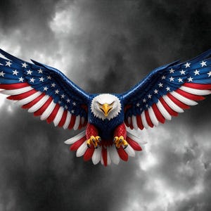 May include: A bald eagle in flight with its wings fully extended. The eagle features a white head, a yellow beak, and feathers patterned with the red, white, and blue colors of the American flag, including white stars on a blue background.