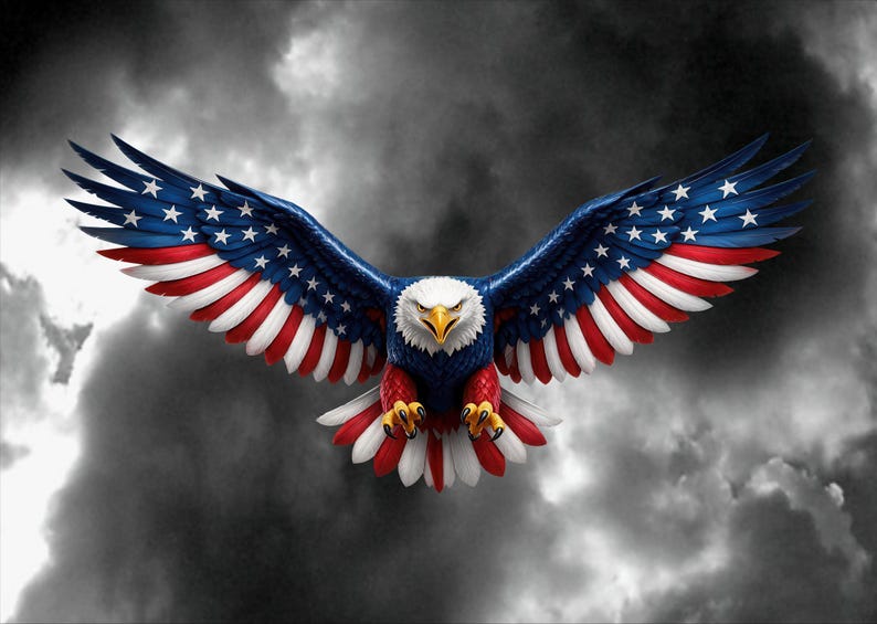 May include: A bald eagle in flight with its wings fully extended. The eagle features a white head, a yellow beak, and feathers patterned with the red, white, and blue colors of the American flag, including white stars on a blue background.