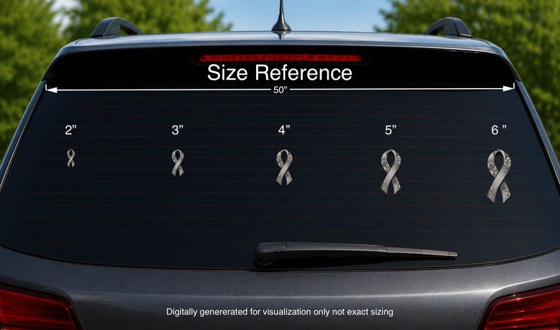 May include: Five grey awareness ribbon decals with a floral pattern displayed on a car window. The text Size Reference is visible above the ribbons, with labels 2, 3, 4, 5, and 6 inches indicating the height of each individual ribbon decal.