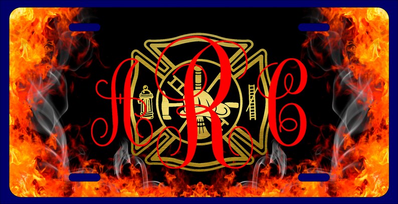 May include: A black and gold firefighter's Maltese cross with a red monogram "SRC" on a background of orange and red flames.