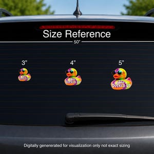 May include: Five tie-dye rubber duck decals with sunglasses and the text ALL DUCKED UP, displayed in sizes ranging from 2 inches to 6 inches on a car rear window. A 50-inch reference line is shown above the decals for scale comparison.