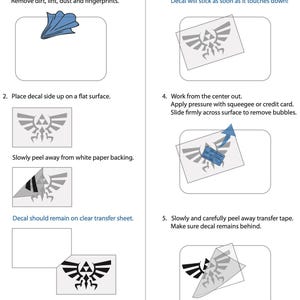May include: A five-step instructional guide for applying a vinyl decal featuring the Triforce symbol. The graphic shows cleaning a surface, peeling the decal from white paper backing, aligning it, applying pressure with a card, and removing the transfer tape.