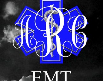 EMT Monogram Decal: Custom Blue Star of Life - Durable Vinyl Sticker