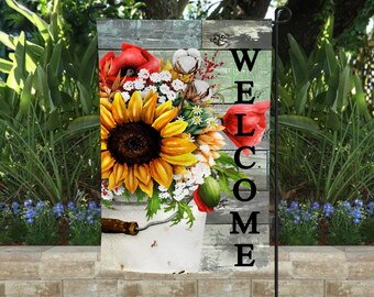 Welcome Garden Flag: Colorful Flower Bucket - Outdoor Summer Decor