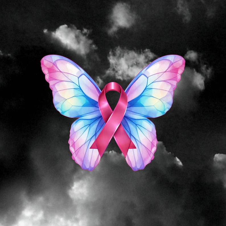 May include: A graphic illustration featuring a central pink awareness ribbon overlaid on a pair of butterfly wings. The wings display a gradient of blue, purple, and pink colors with detailed black veining, set against a dark, cloudy background.
