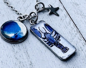 Blue Lobster & Sea Glass Necklace