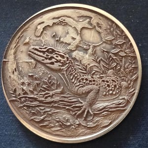 May include: A bronze coin featuring a detailed relief of a lizard in a jungle setting. The lizard is facing left and has a spotted pattern. The background includes leaves and branches.